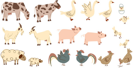Childish farm animals set isolated on white background. Barnyard animals - cow, goose, goat, pig, sheep, rooster, chicken, chick. Cartoon elements for kids
