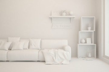 Mock up of minimalist living room in white color with sofa. Scandinavian interior design. 3D illustration
