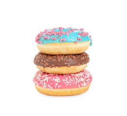 Sweet delicious glazed donuts on white background