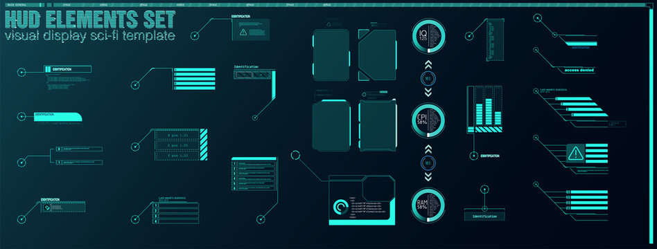 Futuristic Vector HUD Interface Screen Design. Digital callouts titles. HUD UI GUI futuristic user interface screen elements set. High tech screen for video game. Sci-fi concept design.