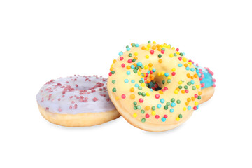 Sweet tasty glazed donuts on white background