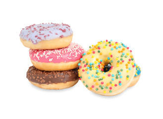 Sweet tasty glazed donuts on white background