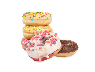 Sweet tasty glazed donuts on white background