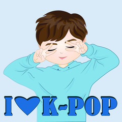I love k-pop vector illustration. Cute korean cartoon boy. Banner, poster, t-shirt, card, sticker, tag, bag print.