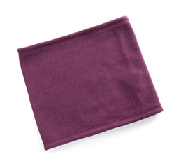 Soft purple neckwarmer isolated on white, top view. Winter sports clothes