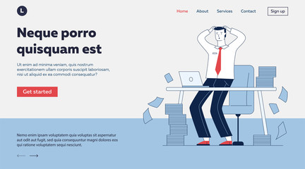 Stressed businessman with stacks of papers. Office employee with piles of documents holding head flat vector illustration. Paperwork, messy concept for banner, website design or landing web page