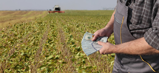 Farmer hands holding dollar banknote with combine harvesting soy bean field in background