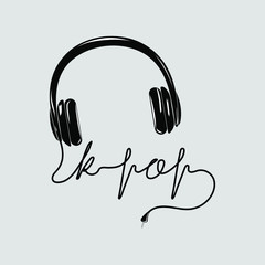 K-pop lettering logo with headphones on grey background. Design element for poster, banner, t-shirt, notebook cover, sticker, greeting card, bag, badge.