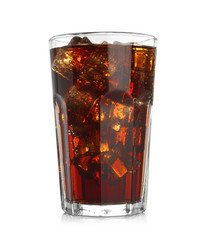 Tasty cola with ice cubes isolated on white