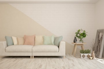 Modern living room in white color with sofa. Scandinavian interior design. 3D illustration