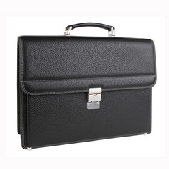 Business bag or case in black leather. Isolated on white
