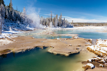 Colorful Porcelain Basin area trail in Yellowstone National Park, Wyoming, USA