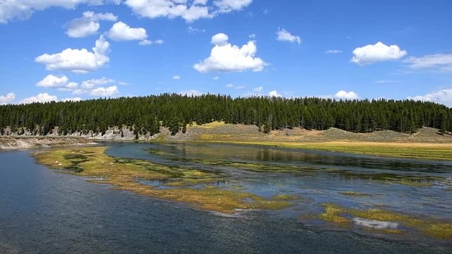 Yellowstone River in the Hayden Valley, Yellowstone national Park, Wyoming. Camera panning left to right, handheld.