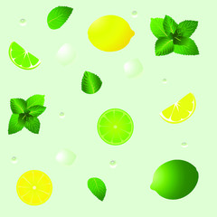 Pattern with Mojito ingredients on the light green background, Ice cubes, mint leaves, lime and lemon slices. Alcohol cocktail. Vector illustration in cartoon style. Cold mojito cocktail print