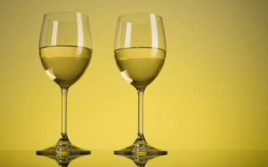 Two glasses of white wine on yellow background. Alcohol drink. Copy space.