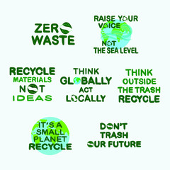 Set of eco friendly lifestyle motivational slogans for poster, t shirt print, sticker emblem, banner, tote bag design. Quotes for environment concept. Vector illustration.