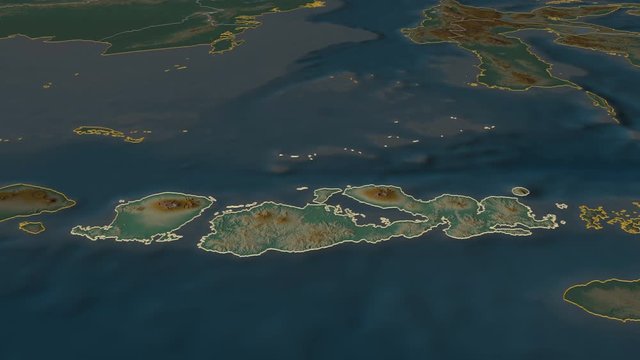 Nusa Tenggara Barat, province with its capital, zoomed and extruded on the relief map of Indonesia in the conformal Stereographic projection. Animation 3D