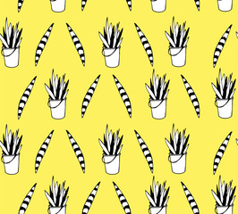 Seamless vector pattern of Sansevier and leaves on yellow background