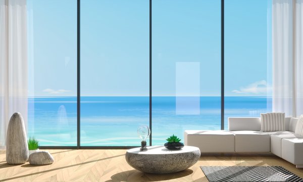 Panoramic window villa with blue sea views