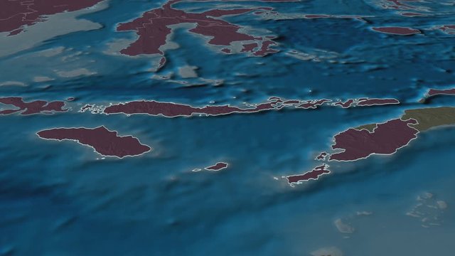 Nusa Tenggara Timur, province with its capital, zoomed and extruded on the administrative map of Indonesia in the conformal Stereographic projection. Animation 3D