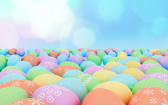 Colorful Easter eggs background,pastel, hand painted Easter eggs. 3d Illustration