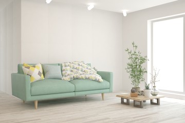 Modern living room in white color with sofa. Scandinavian interior design. 3D illustration