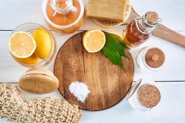 A natural eco handmade detergent, baking soda, soap, vinegar, salt, lemon in sustainable lifestyle. zero waste concept