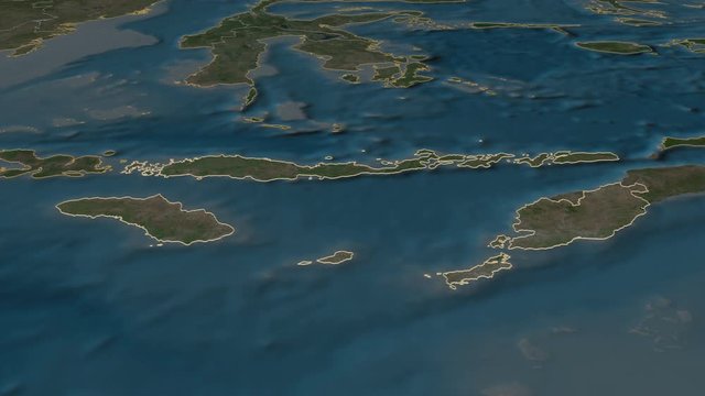 Nusa Tenggara Timur, province with its capital, zoomed and extruded on the satellite map of Indonesia in the conformal Stereographic projection. Animation 3D