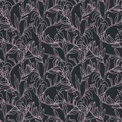 Vector seamless botanical pattern on dark background. Graphic linear branches. Modern minimalistic texture. For wallpaper design, fabric, textile, cover, poster. Spring floral pattern.