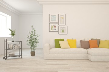 Naklejka premium Modern living room in white color with sofa. Scandinavian interior design. 3D illustration