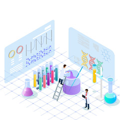 Scientists during laboratory experiment for vaccine development, scientist experiment illustration, isometric people in laboratory.