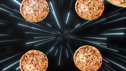 Pizza motion design gif animation on colorful, flying pizza in space, food delivery