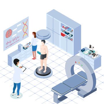 Checking the patient's body suspect virus by scientists. the patient is neutralized. Isometric people in laboratory.