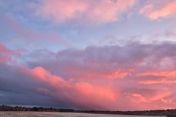 The colorful evening sky is painted with the rays of the setting sun over the forest.