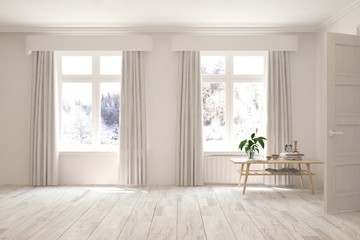 Mock up of empty room in white color with winter landscape in window. Scandinavian interior design. 3D illustration