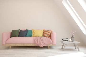 Modern living room in white color with sofa. Scandinavian interior design. 3D illustration