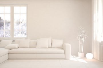 Mock up of stylish room in white color with sofa and winter landscape in window. Scandinavian interior design. 3D illustration