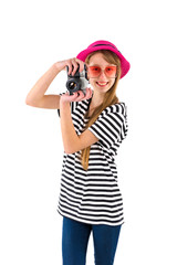Portrait of smiling girl in striped summer casual clothes,red hat with photo camera isolated on white background. Female passenger traveling abroad to travel on weekends getaway.Journey concept.