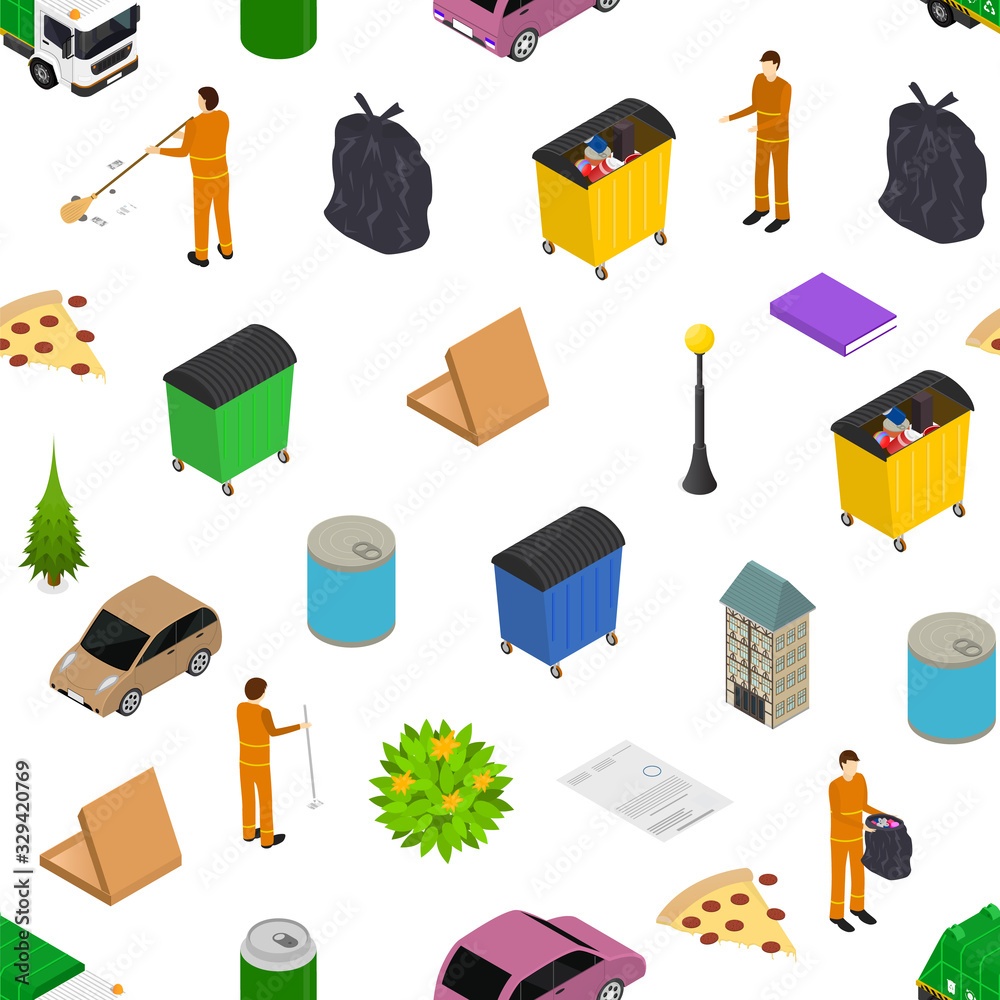Poster garbage recycling concept seamless pattern background 3d isometric view. vector