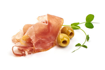 Italian prosciutto crudo or spanish jamon. Dried ham, isolated on white background