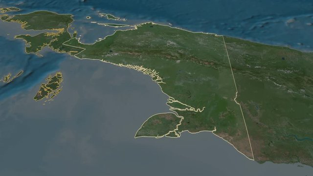 Papua, province with its capital, zoomed and extruded on the satellite map of Indonesia in the conformal Stereographic projection. Animation 3D