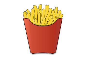 french fries potatoes in red paper box. illustration cartoon isolated on white background.