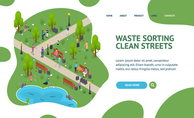 People Sorting Waste Rubbish Concept Landing Web Page 3d Isometric View. Vector