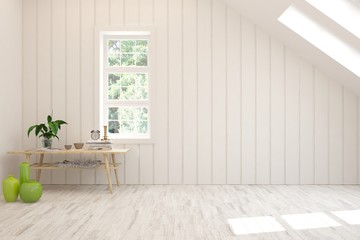 Empty living room in white color with natural wooden table and green vases. Scandinavian interior design. 3D illustration