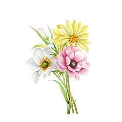 delicate bouquet of flowers watercolor illustration on white background, yellow, white and pink flower