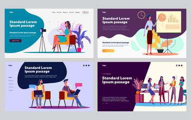 Project presentation set. Manager presenting graph, speaking at camera, sharing ideas with team. Flat vector illustrations. Business, leadership concept for banner, website design or landing web page