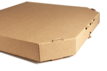 Pizza paper box isolated on a white background. Empty pizza cardboard. Side view Packaging.