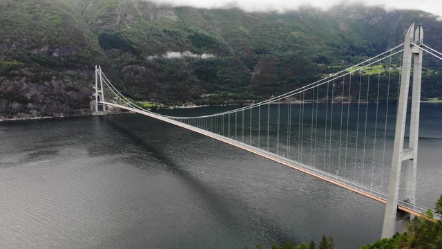 Aerial view. Hardanger bridge over fjord Eidfjorden in Norway, Scandinavia, Hordaland county