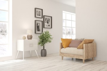 Stylish living room in white color with armchair. Scandinavian interior design. 3D illustration