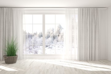 Mock up of empty living room in white color with winter landscape in window. Scandinavian interior design. 3D illustration